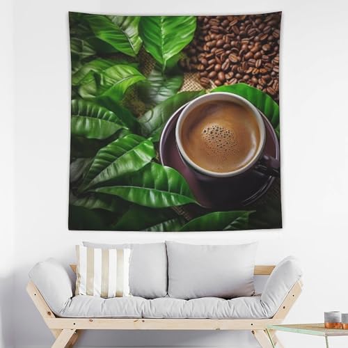 Tapisserie murale café et feuilles vertes en tissu esthétique pour salon