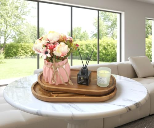 Image of Premium Luxury 100% Natural Acacia Wood Tray Set of 2 Boards Rustic Wooden Serving Trays Oval Platters Charcuterie for Party Breakfast Coffee Table Home Decorative Trays 13 x 6 inch