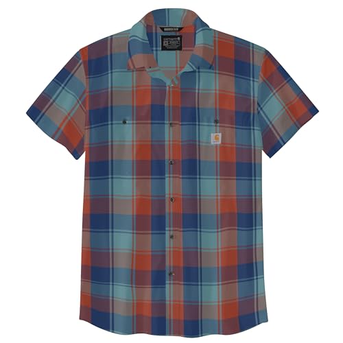 Carhartt Men's Rugged Flex Relaxed Fit Lightweight Short-Sleeve Plaid Shirt, Deep Ocean, Large