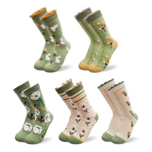 Image of HOMSSEM Floral Crew Socks - 5Pair Flower Graphic Soft Cotton Socks for Women, Teen Girls - for Sandals, - Cute Vibrant Colors