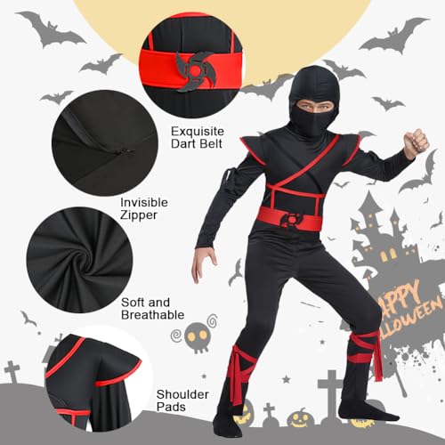 AOOWU Red Ninja Fighter Costume, Kids Unisex Ninja Cosplay Costume with Accessories, Halloween & Christmas Costume - Image 2