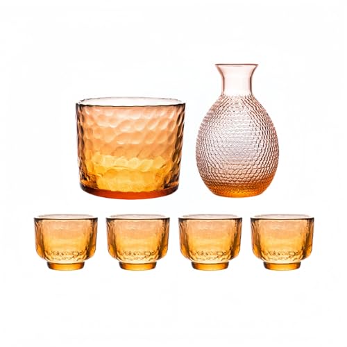 酒器セット ガラス製徳利260ml&1個ワイン瓶(480ml)&盃4個45ml | 電子レンジ対応で熱燗/冷酒兼用 | 波紋デザイン・透明ガラス・ギフトボックス付き | 【日本酒好きにおすすめの和風酒器】 (コーラルレッド)