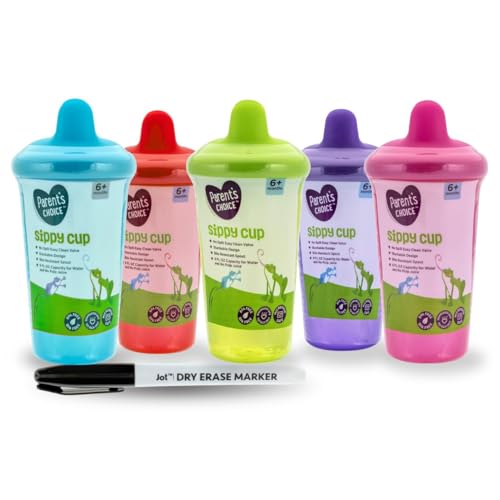 5-Pack Colorful Sippy Cups with Dry Erase Marker & Bonus Sticker – Spill-Proof, BPA-Free, Daycare & Travel Friendly