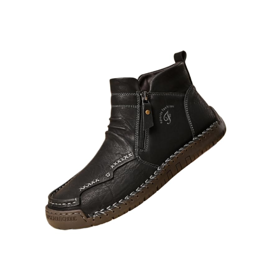 Men's Leather Ankle Boots for Hiking Camping & Driving Fashion Retro Side Zip High Top Outdoor Walking Sneakers Optional Warm Velvet Lining Snow Boots