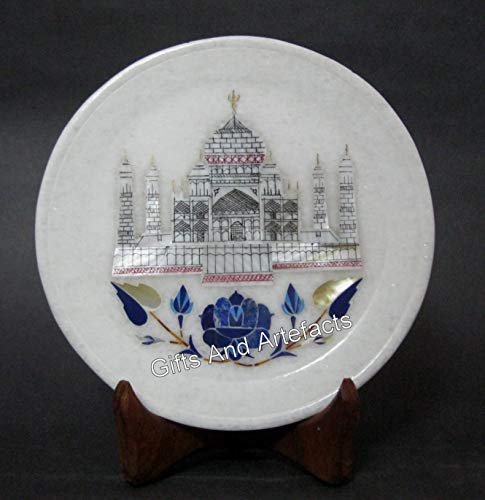Assiette marbre blanc 15 cm, pierre précieuse brillante anniversaire