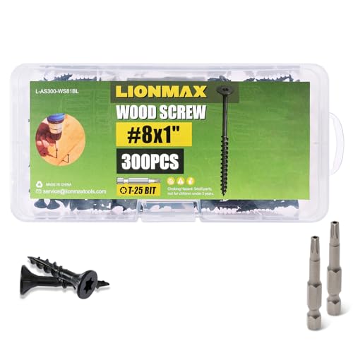 Image of LIONMAX Deck Screws 1 Inch, Wood Screws #8 x 1, 300 PCS, Rust Resistant, Exterior Epoxy Coated, Outdoor Decking Screws, Torx /Star Drive Head Screw, T25 Star Bit Included, Black