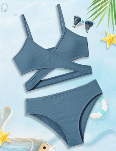 Image of Girls Swimsuit Bikini Set,Criss Cross Bathing Suits for Girl Two Piece Solid Color Girls' Swimwear for 7-16 Years