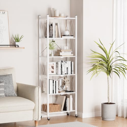 Image of ALANNG 73.6 Inch Folding Bookshelf, 6 Tier Metal Bookcase and Bookshelves | Tall Shelves for Living Room Office Bedroom, Heavy Duty Book Shelve Free Standing Open (White, 2PACK)