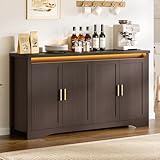 PIXOURA 60'' Sideboard Buffet Cabinet with Storage, Modern Coffee Bar Cabinet with Power Outlets, LED Light, 4 Doors & Adjustable Shelves, Buffet Table for Kitchen, Dining Room, Living Room, Walnut