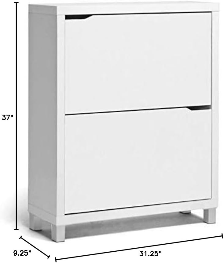BOWERY HILL Modern 2 Shelf Shoe Storage Cabinet, 37" H x 31.25" W x 9.25" D, Engineered Wood with Plastic Hardware, White Finish, Holds 12 Pairs, Compact Entryway or Mudroom Organizer