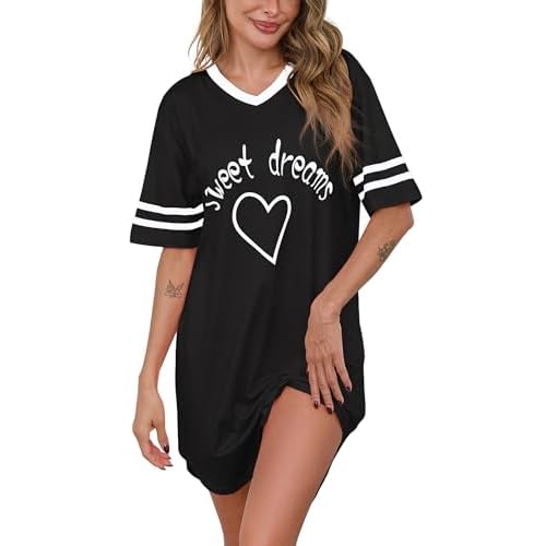 Marvmys Women Short Sleeve Nightgowns Comfy V Neck Nightshirt Casual Lounge Dress Sleepwear Large Black