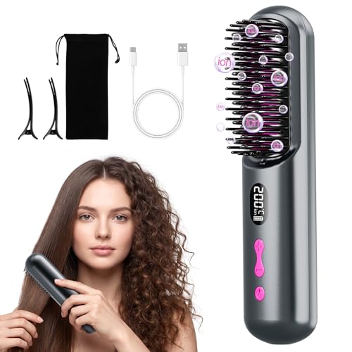 Brosse lissante sans fil, portable et pratique pour les voyages, rechargeable par USB, 9 600 mAh, ion négatif, chauffante, pour femmes et hommes (gris)