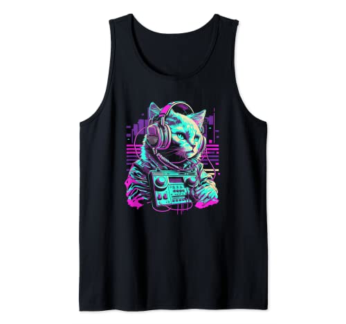House DJ Cat 80s 90s Kitten Sunset Rainbow DJ Cat Kitty Tank Top