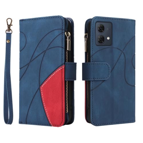 Étui Moto G75 5G en cuir bleu avec double fermeture éclair et protection portefeuille intégrée
