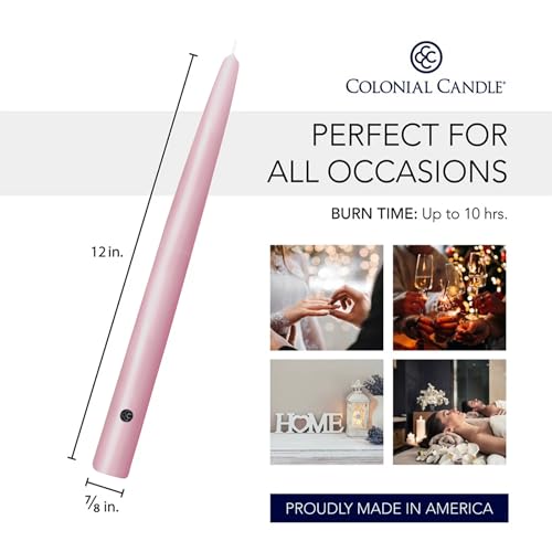 Image of Colonial Candle Unscented Taper Candle, Handipt Collection, Persian Pink, 12 in, Pack of 12 - Up to 10 Hours Burn