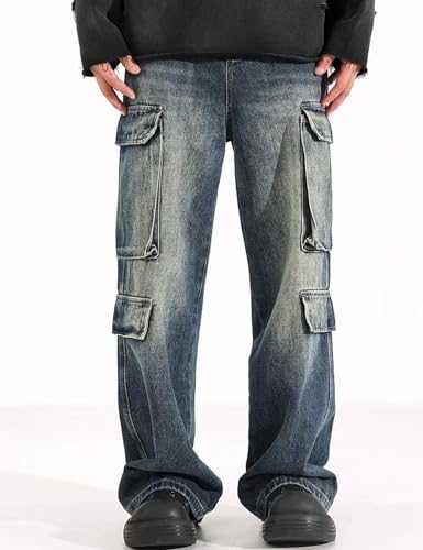 Mens Cargo Baggy Jeans Y2k Fashion Skater Jeans Wide Leg Denim Pants Grunge Streetwear3