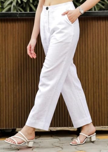 Image of Vogaan Women Cotton Linen Blend Straight Fit Trousers | High Waist Casual Office Pants | Solid Ankle Length Bottom Wear