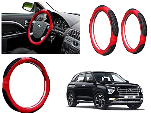 Image of Microfiber Car Steering Wheel Cover, Soft Padding Great Hand Feel, Anti-Slip, Faux Leather Steering Cover for Hyundai Creta 2020 | Black Red Jali - Pack of 1