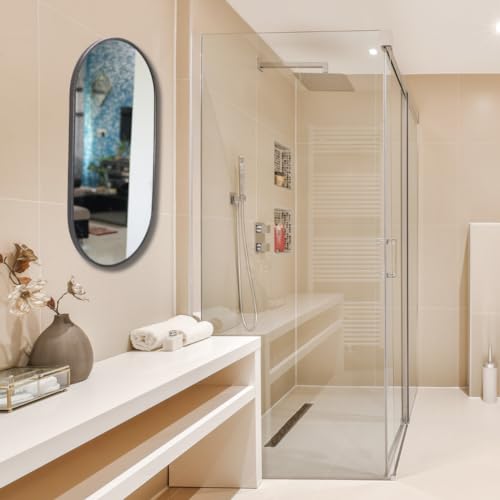 Image of Modern Elegance Capsule Shape Wall-Mounted Mirror Metal Framed Wall Mirror Bathroom Mirror Living Room Mirror Home Decor Mirror 24 x 48 Inches Color Antique Silver MF 107
