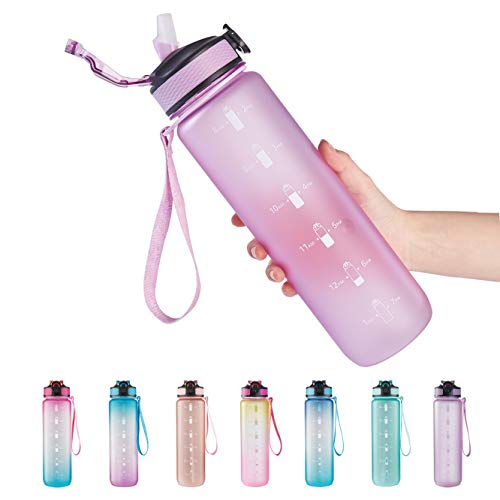EYQ 32 oz Water Bottle with Time Marker, Carry Strap, Leak-Proof Tritan BPA-Free, Ensure You Drink Enough Water for Fitness, Gym, Camping, Outdoor Sports (Light Purple)