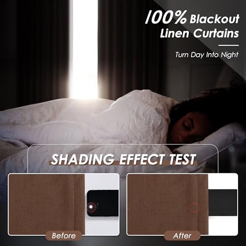 Image of Nanspring Rustic Brown 100% Blackout Linen Curtains 84 Inch Length 2 Panels Set for Bedroom Back Tab Rustic Farmhouse Decor Black Out Curtain for Living Room Office Thermal Insulated Drapes 52x84