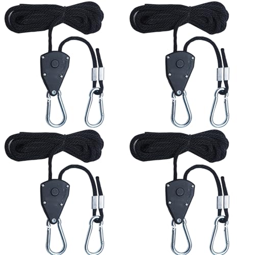 Dazhtu 4 Piezas Adjustable Trinquete de Cuerda 1/8' Rope Ratchet con Gancho para Cuerda de Carraca Cuerda Trinquete Colgador Ajustable Suspensión de Trinquete para Lámpara de Planta, Tienda Senderismo