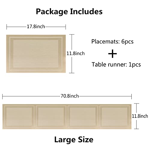 Image of Placemats, Washable PVC Table Mats, Woven Vinyl Placemat for Dining Table Place Mats Set (6 Placemats and 1 Table Runner, Beige-Frames)