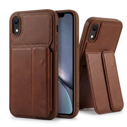 Image of amazon basics Luxury Vegan Leather Back Cover for iPhone XR | Built-in Card Holder Slot | Integrated Mobile Stand | Slim Shockproof Protective Case with Stitched Finish - Brown