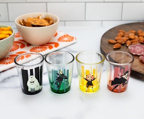 Image of Silver Buffalo Spy x Family Trio and Logo Mini Whiskey Shot Glasses, Set of 4 | Home Barware For Liquor and Beverages | Each Holds 2 Ounces