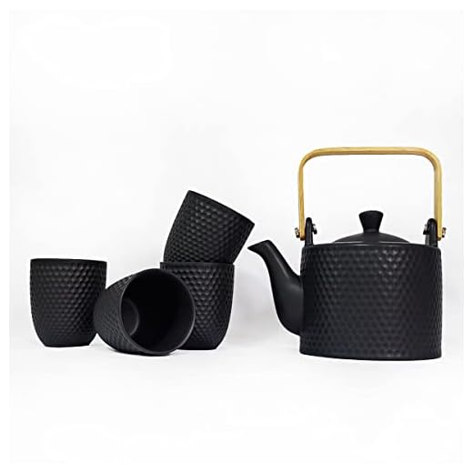 WEOPYCJ Japanese Ceramic Tea Set,1 Teapot with Infuser and Bamboo Handle 4 Cup Porcelain Tea Sets,Black Beautiful Asian Tea Sets(Teapot 30oz&Cup 6oz)