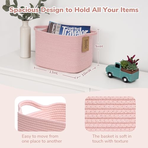 Image of Goodpick Woven Rope Storage Basket for Shelves, Rectangle, Pink
