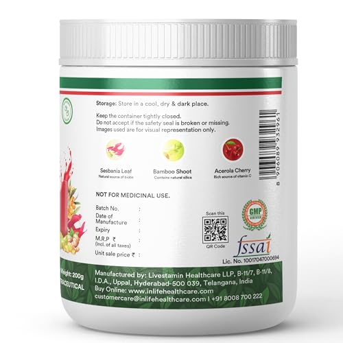 Image of INLIFE Collagen Builder Supplements For Women and Men | Plant Based Collagen Powder with Biotin from Sesbania, Vitamin C, Silica, Hyaluronic Acid, Vitamin E, 200g (Fruit Punch)