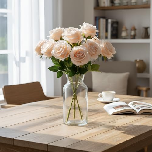 Image of Artificial Rose Flower Bouquet - 7 Soft Creme Silk Roses with Green Leaves | Realistic Artificial Flowers for Home Decoration, Wedding, Party & Gift