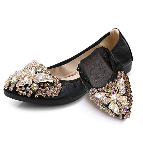 Women's Ballet Flats Foldable Casual Sparkly Rhinestone Wedding Comfort Slip on Walking Flat Shoes Ballerina Shoes