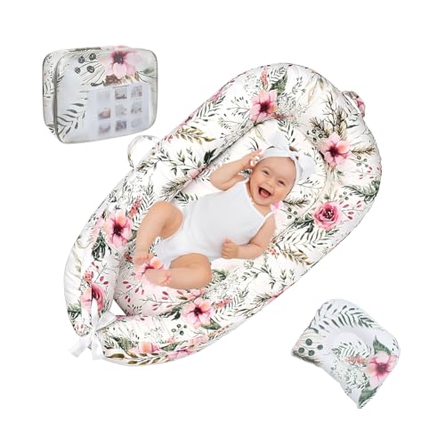 Image of 𝖡𝖺𝖻𝗒 lounger pillow for 𝗇𝖾𝗐𝖻𝗈𝗋𝗇 𝖻𝖺𝖻𝗒 Lounger - 𝖻𝖺𝖻𝗒 𝗇𝖾𝗌𝗍 𝖻𝖺𝖻𝗒 Essentials for 0-24 𝖬onths - Adjustable Soft 100% Cotton dock a tot 𝖻𝖺𝖻𝗒 lounger-Double-sided large flower