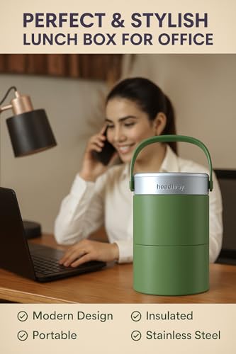 Image of Headway ZAO Insulated Heavy Duty Lunchbox-2 Year Warranty Double Wall Insulated-Matte Green 750 ML | Free Foldable Stainless Steel Spoon | Pickle Box | Hot for 6 hrs & Cold for 8 hrs