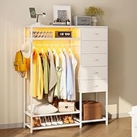 Trironsun 5 Drawer Dresser for Bedroom Chest of Drawer with Hanging Rack LED Lights Charging Station Fabric Chest with Wooden Top for Bedroom Living Room Kids Room (White)