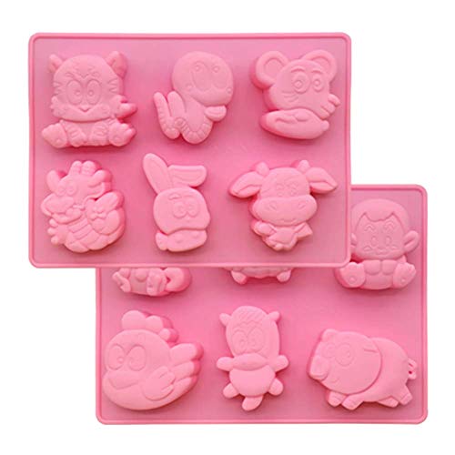 (Pack of 2) the Twelve Chinese Zodiac Silicone Soap Mold 12 Animals Signs Silicone Chocolate Candy Jello Mold Cake Cupcake Baking Pan Ice Cube Tray