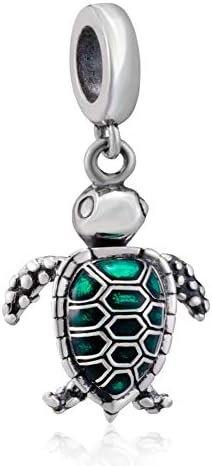 Sea Turtle Animal Charms 925 Sterling Silver Tortoise Pet Charms Bead for European Bracelet (Green Dangle)
