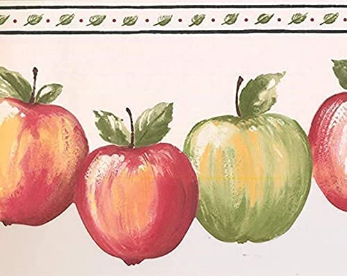 CONCORD WALLCOVERINGS ™ Wallpaper Border Kitchen Pattern Apples for Dining Area Kitchen Farm Store, Red Green Yellow White, 6.25 Inches by 15 Feet BP007154B