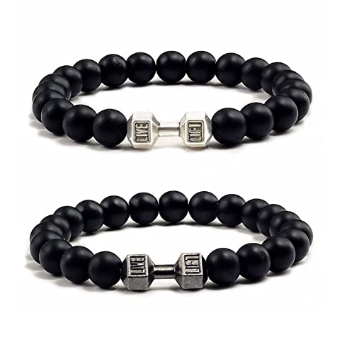RINHOO FRIENDSHIP 2 PCS Dumbbell Bracelet for Man Gym Bracelet 8mm Lava Natural Stone Stretch Beads Bracelet with Dumbbell Weight Bracelet for Man (Black & Silver)