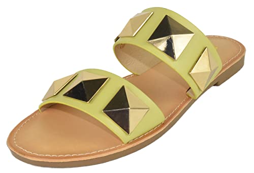 Soda Shoes Women's Sandals Double Strap Flip Flops Slides Large Gold Studded CETUS-S (Lime, 9)