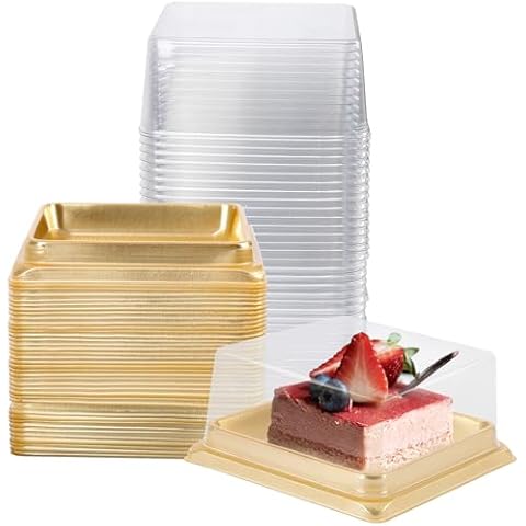 Hewnda 50 Pack of Gold Cake Pans,bottom 3 inch X height 1-1/2 inch of Clear plastic mini cake box muffins box cookies box wedding birthday gift box Cover