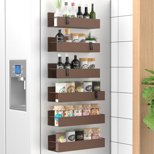 Image of HuggieGems Metal Magnetic Spice Rack for Refrigerator Bronze, 6 Pack | Magnetic Shelves Heavy Duty for Fridge in Kitchen, Seasoning Storage Organizer, For Oven Washer and Dryer, For Heavier Items