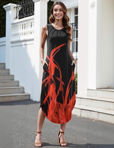 Image of Zeagoo Women Floral Summer Casual Beach Printed Tank Dress with Pockets Pleated Front Long Dress