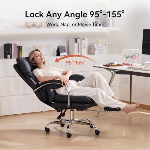 Image of LEAGOO Office Chair with Foot Rest, Swivel Computer Desk Chair PU Leather Reclining Chair, Ergonomic Lumbar Support Designed for Longer Sitting Sessions for Home /Office Workers - Black