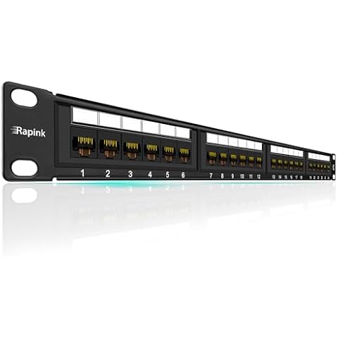 Rapink Patch Panel 24 Port Cat6 10G Support, Network Patch Panel UTP 19-Inch, Wallmount or Rackmount 1U Ethernet Patch Panel Punch Down Block for Cat6, Cat5e, Cat5 Cabling Cover
