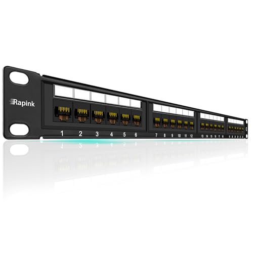 Rapink Patch Panel 24 Port Cat6 10G Support, Network Panel UTP 19-Inch, Wallmount or Rackmount 1U...