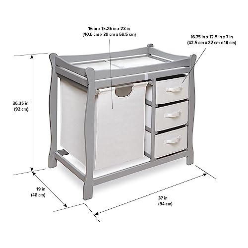 Badger Basket Sleigh-Style Baby Changing Table - Diaper Changing Station with 3 Storage Baskets - Nursery Organizer with Hamper, Changing Pad, Safety Rails - Gray