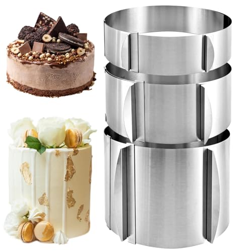 YAYODS 3 Stück Tortenring Verstellbar Hoch 5cm, 8cm, 15cm - Edelstahl Backring Verstellbar Ø 16-30 cm - Backrahmen Rund - Kuchenring - Torten Ring mit Skala für die Zubereitung von Kuchen und Torten